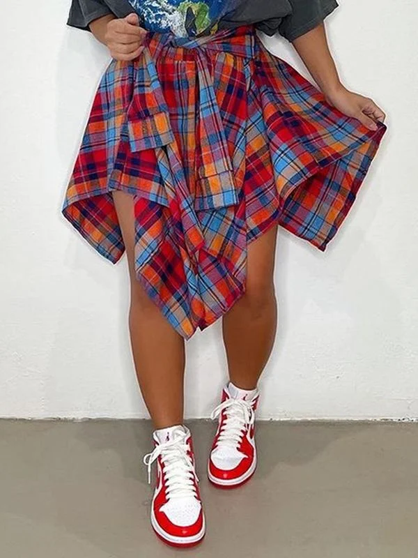 Plaid Tied Asymmetric Skirt