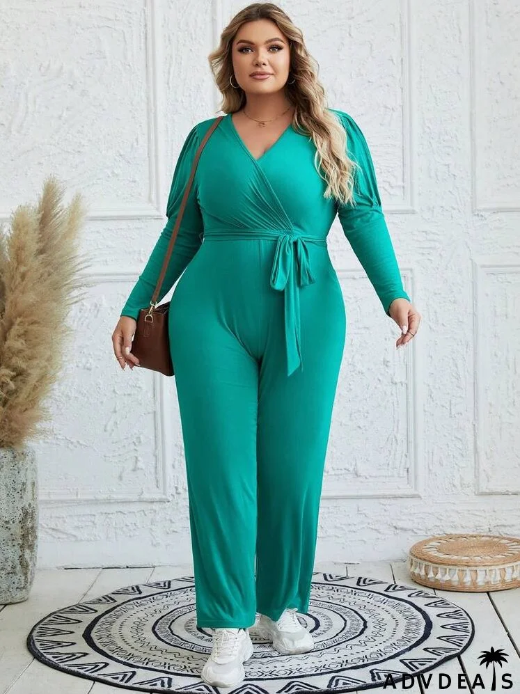 Plus Size Solid Color V-neck Long Sleeve Jumpsuit