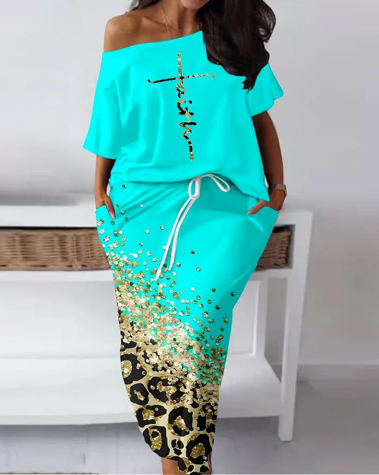 Plus Size Faith Letter Pattern Top & Contrast Leopard Print Skirt Set