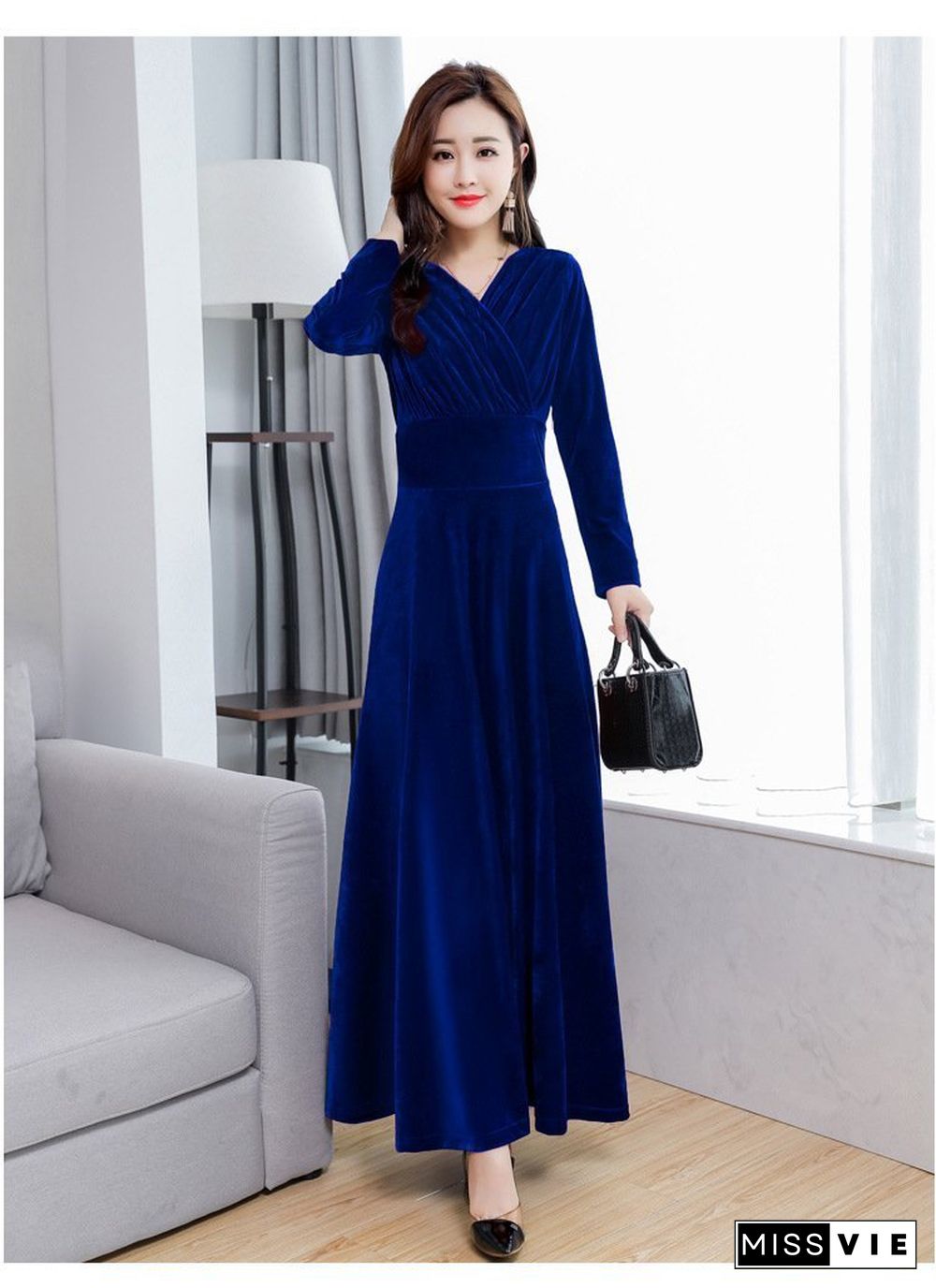 V Neck Plain Slim Defined Waist Velvet Dress