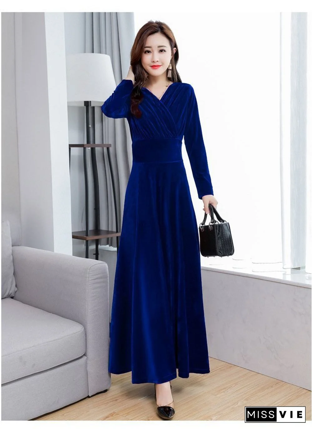 V Neck Plain Slim Defined Waist Velvet Dress