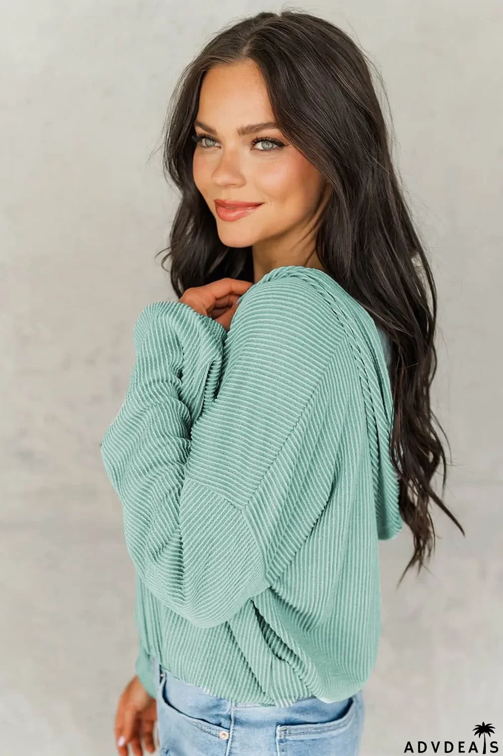 Green Loose Fit Ribbed V Neck Hoodie