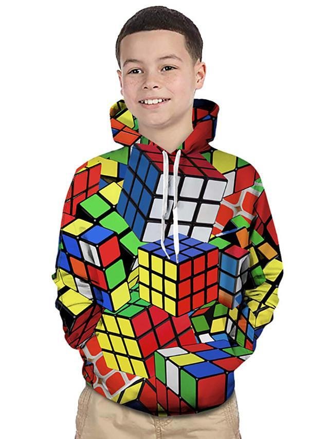 Kids Toddler Boys' Active Basic Rubik's Cube Geometric Color Block 3D Print Long Sleeve Hoodie & Sweatshirt Rainbow - VSMEE