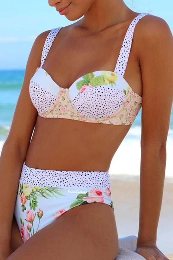 Contrast Stitching Floral High-waist Bikini