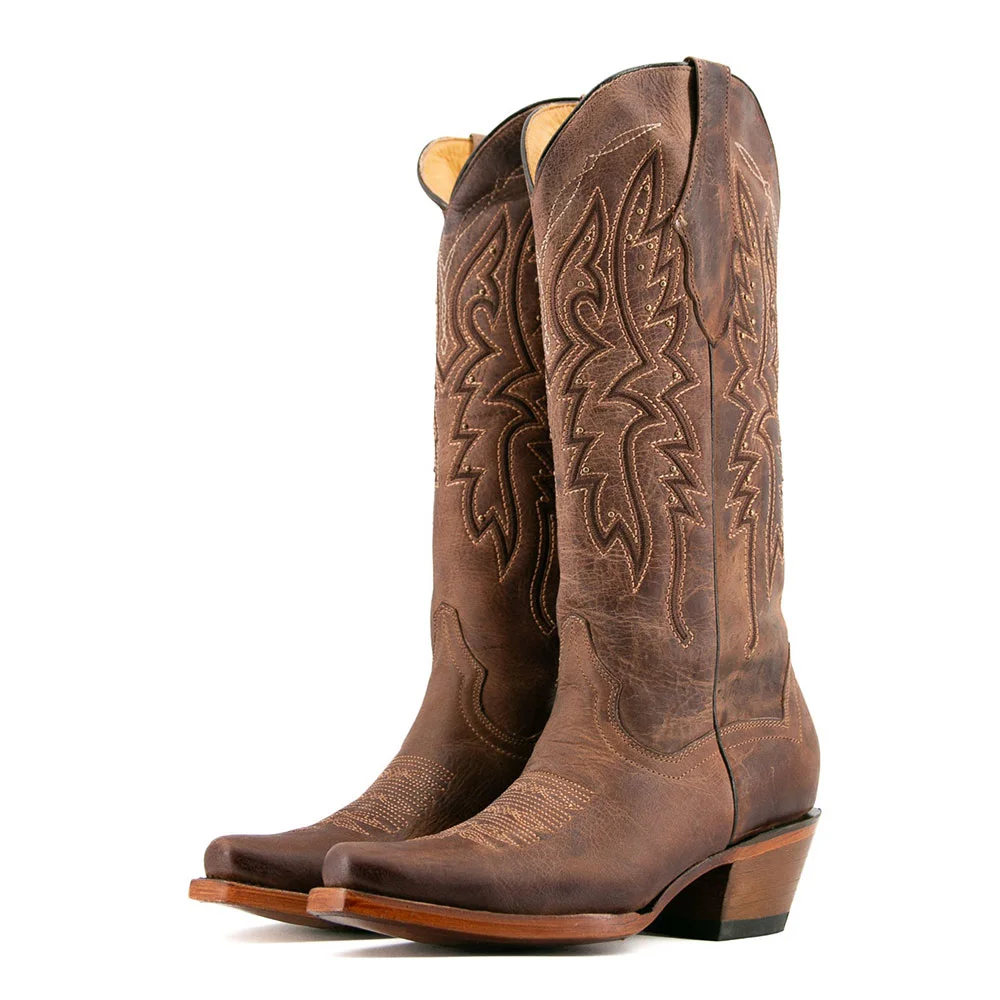 Snip Toe Embroidered Studded Chunky Heel Brown Western Boots for Women