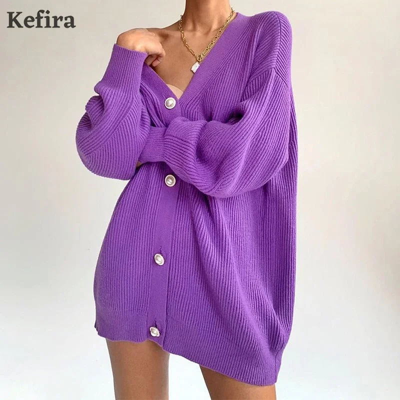 Kefira 2021 V Neck Cardigan For Women Knitted Long Sleeve Sweater Oversize Cardigan Autumn Winter Button Loose Casual Jumper
