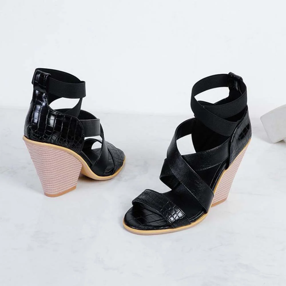 Black Leather Pointed Toe Sandals With Strappy Wedge Sandals Nicepairs