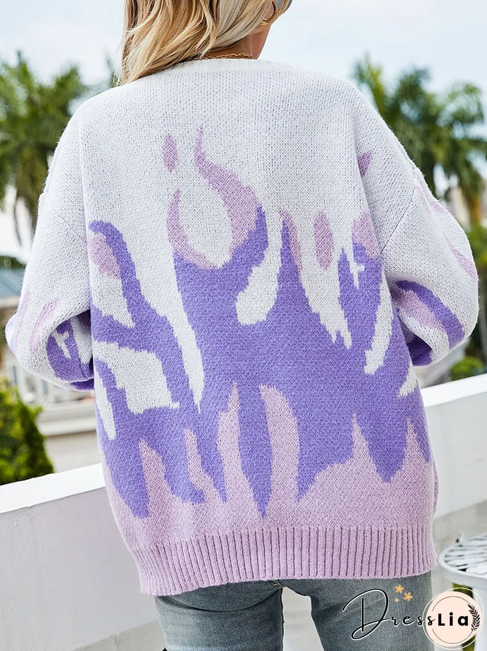 Contrast Color Long Sleeve O-neck Loose Knitted Sweater
