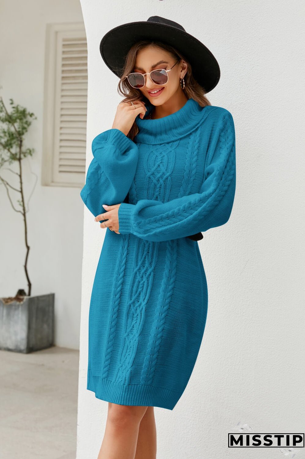Woven Right Mixed Knit Turtleneck Lantern Sleeve Sweater Dress