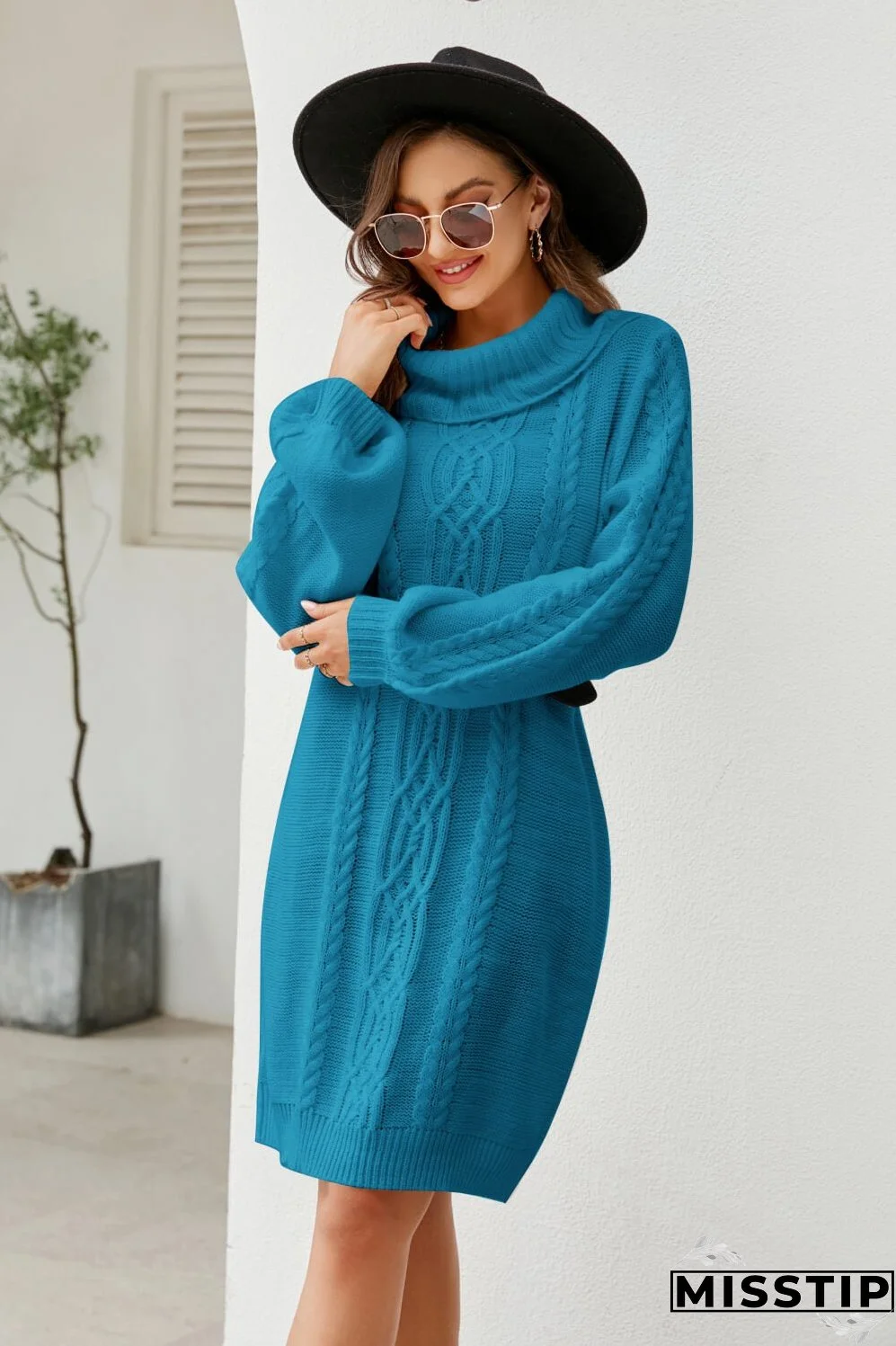 Woven Right Mixed Knit Turtleneck Lantern Sleeve Sweater Dress