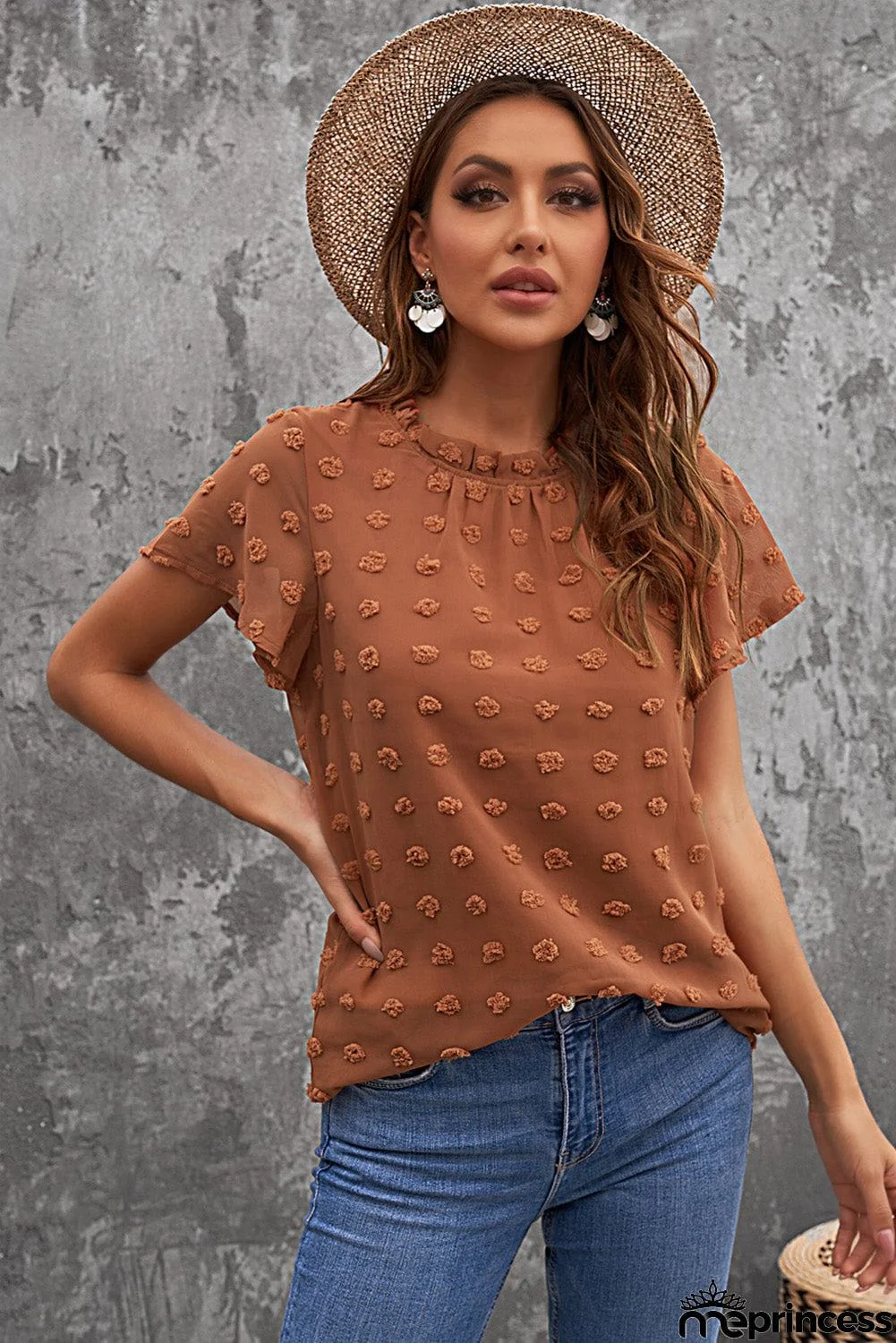 Brown Short Ruffled Sleeve Swiss Dot Blouse