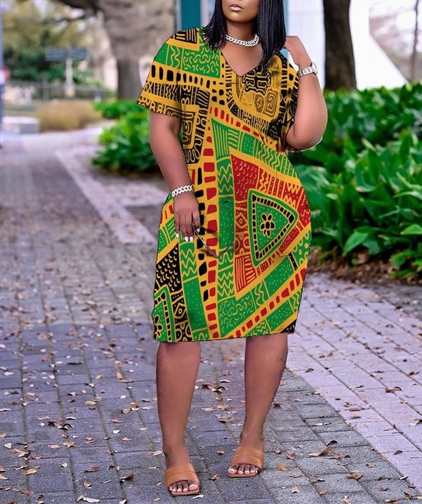 Abstract Print Plus Size V Neck Mid Sleeve Dress