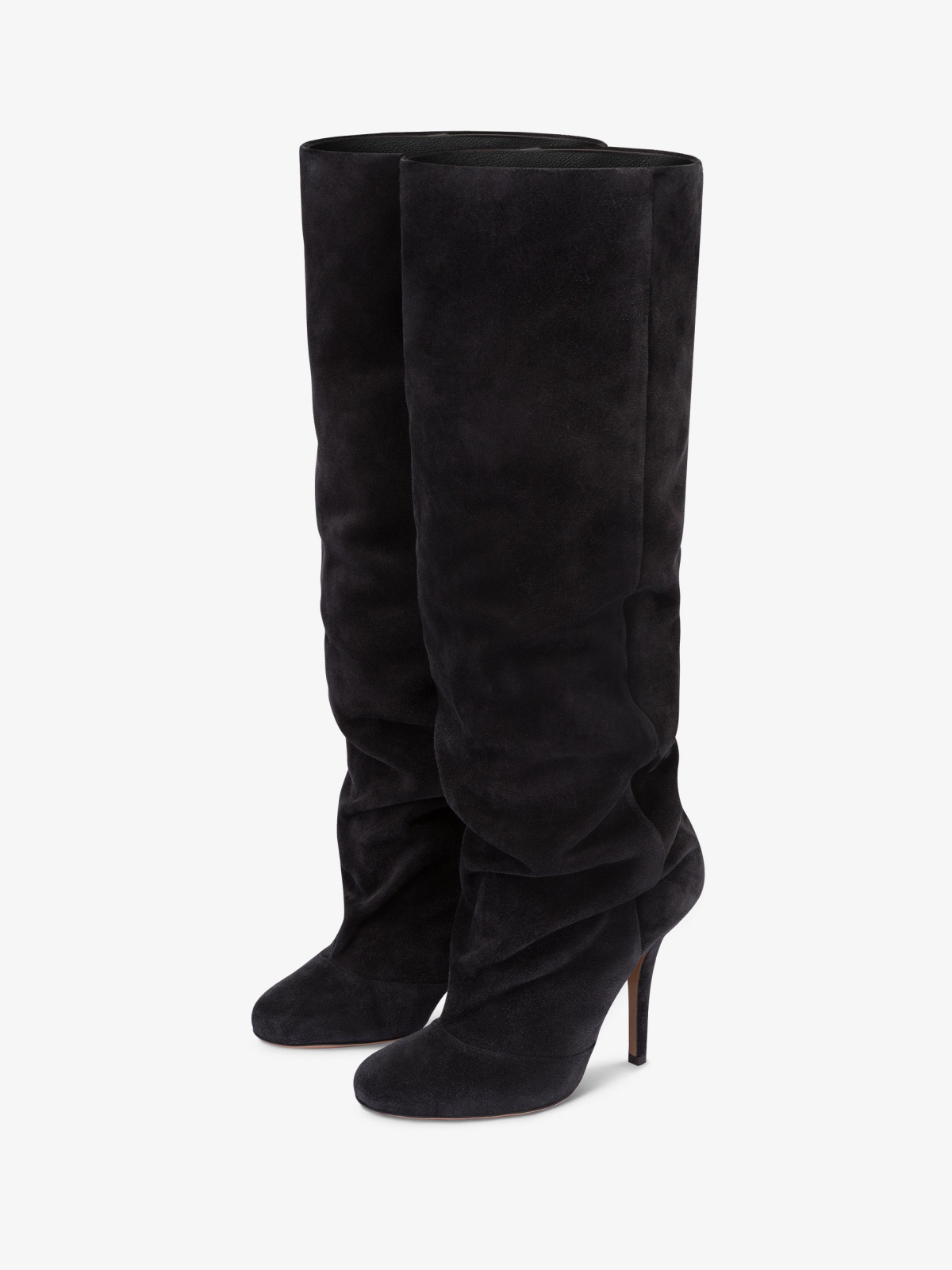 Taafo Black Faux Suede Round-Toe Light Slouchy Wide Calf Knee High Stiletto Boots