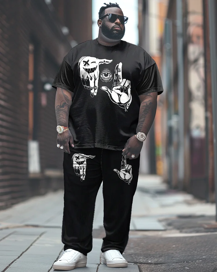 Men's Large Simple Street Gesture Print T-shirt Trousers Suit