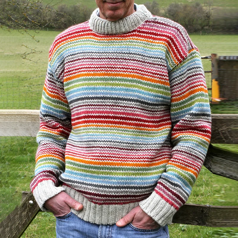Vintage Rainbow Stripe Knit Jacquard Crew Neck Sweater