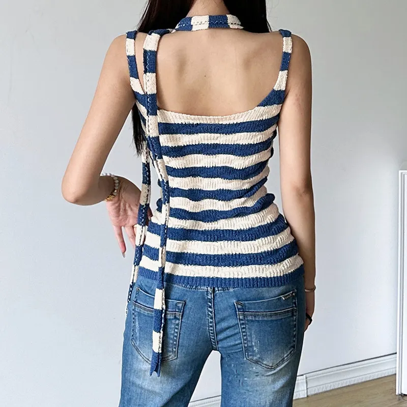 Churchf 2024 Summer New Women's Pure-Want Wind Collar With Hanging Neck Repair Knitted Striped Long Vest