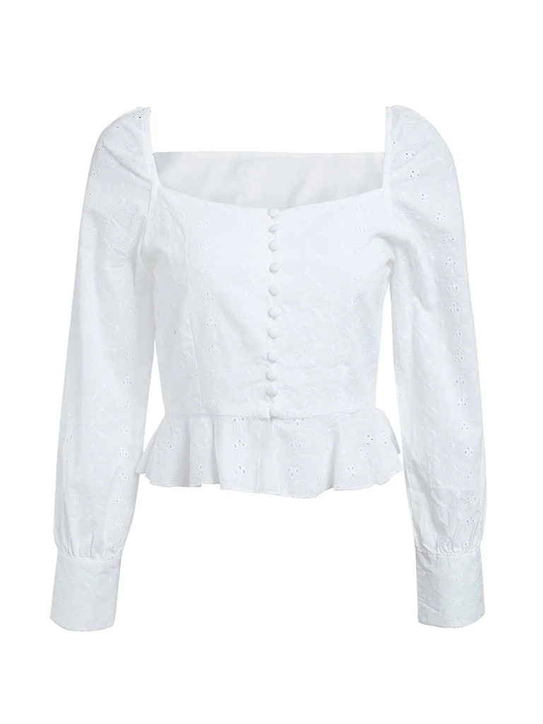 Vintage Blouse Ruffle Long Sleeve Square Neck Top