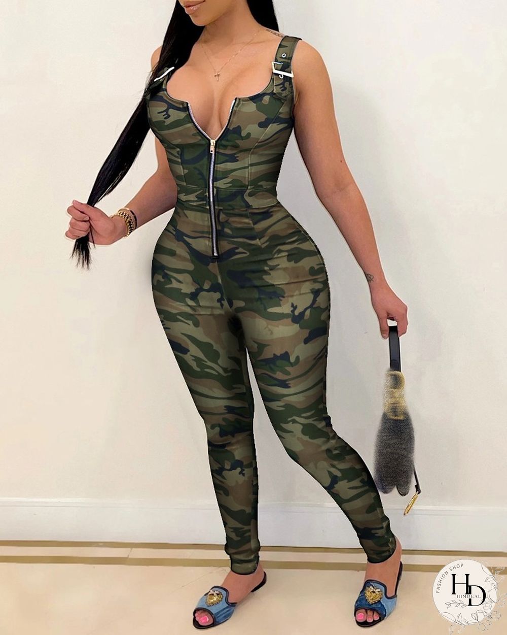 Zip Front Camouflage Print Suspender Jumpsuit
