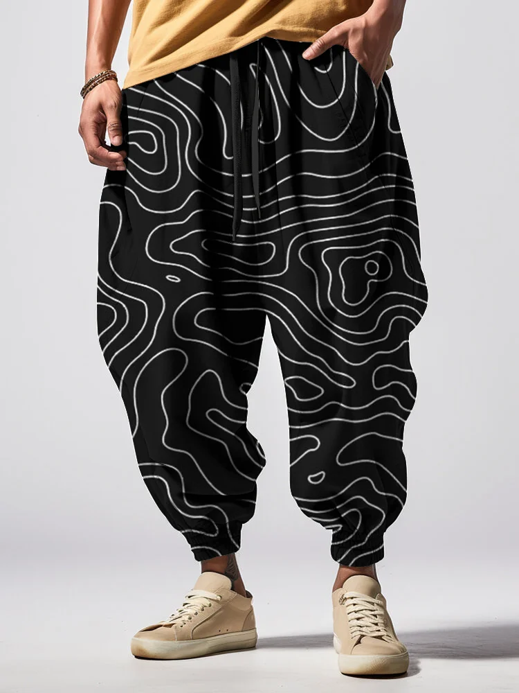 Men's Vintage Wave Pattern Art Print Casual Sweatpants