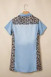Women's Denim Block Leopard Patchwork Shirt Collar T Shirt Mini Dress