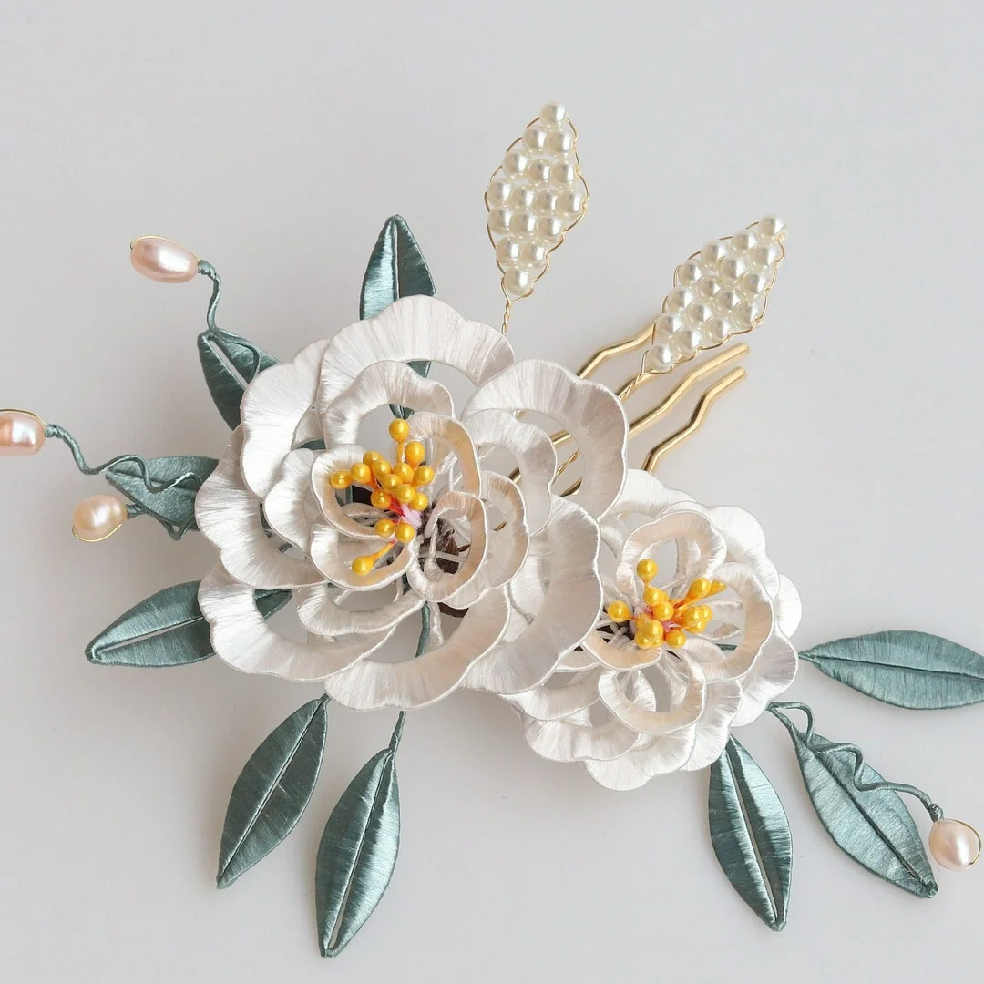 Silk Wrapped Flowers Pearl Hairpin Hanfu Headdress