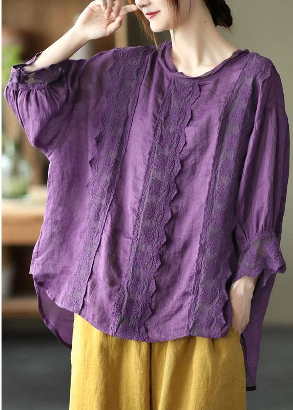 Natural Purple Hollow Out Patchwork Summer Ramie Shirt Top Long Sleeve