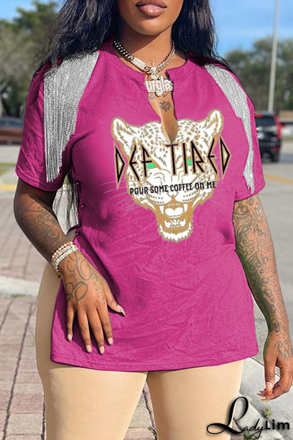 Coffee Fashion Casual Print Tassel Patchwork V Neck T-Shirts