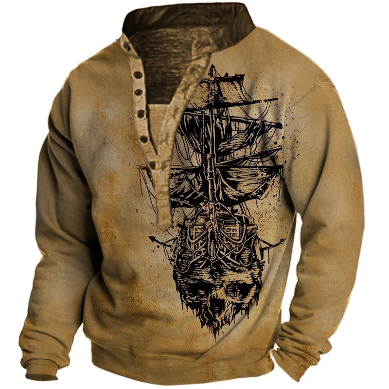 Men's Vintage Pirate Sailboat Print Henley Collar Long Sleeve Sweatshirt