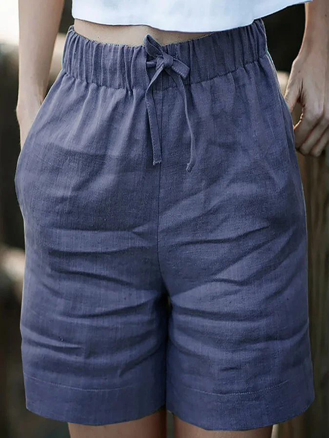 Ladies Cotton Linen Lace-Up Casual Shorts