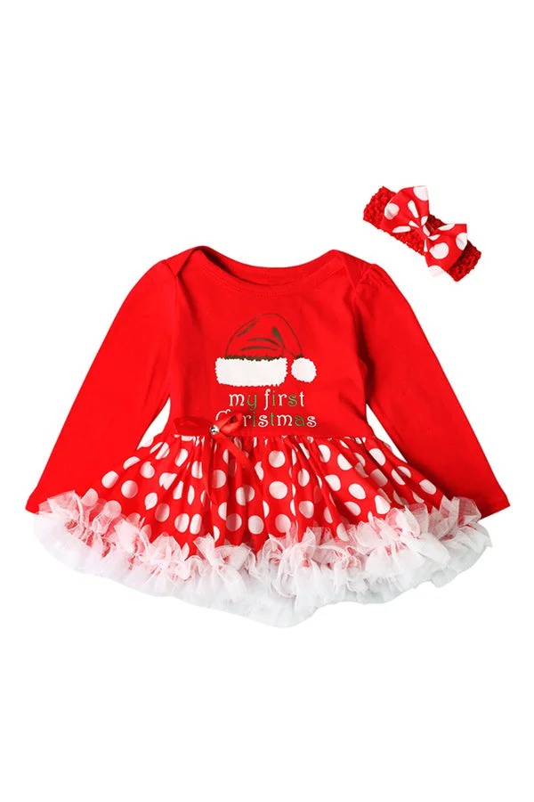 Cute Crew Neck Long Sleeve Hat Print Baby Girls Christmas Dress Red-elleschic
