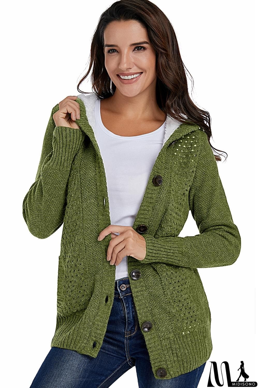 MidiSono - Fleece Hooded Gray Button Cardigan Sweater