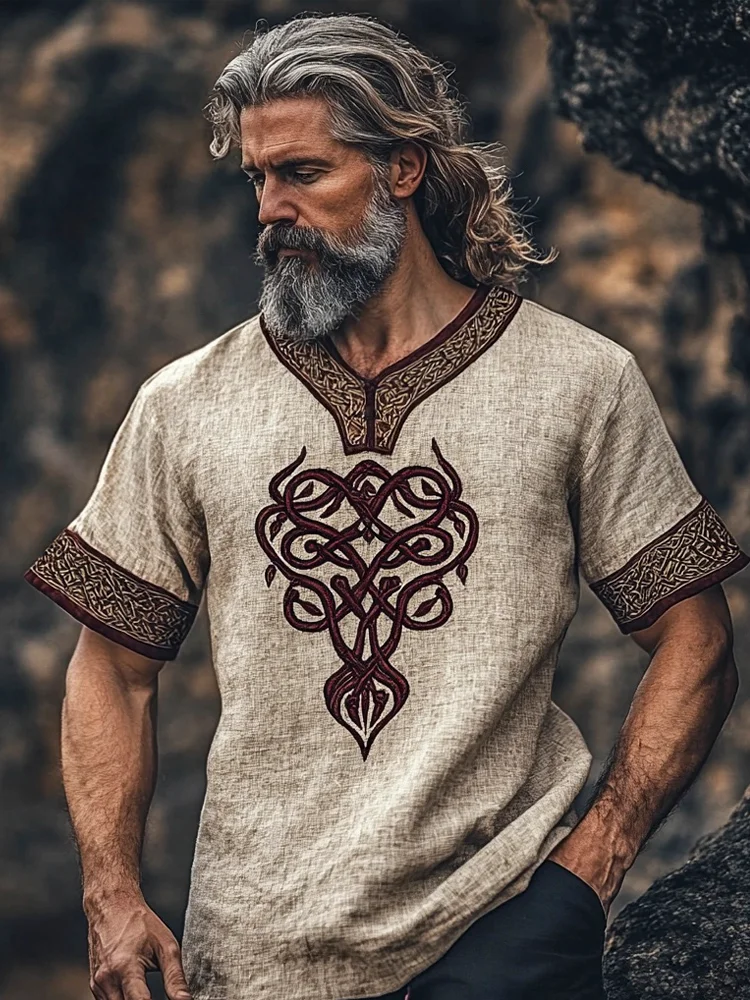 Celtic Mythology Totem Vintage Linen V-neck T-shirt