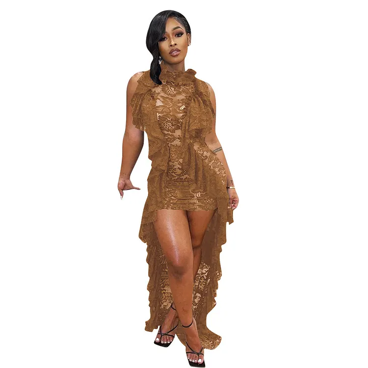 Dionne's Sleeveless Lace Ruffled Collar Irregular Asymmetric Mop Dress