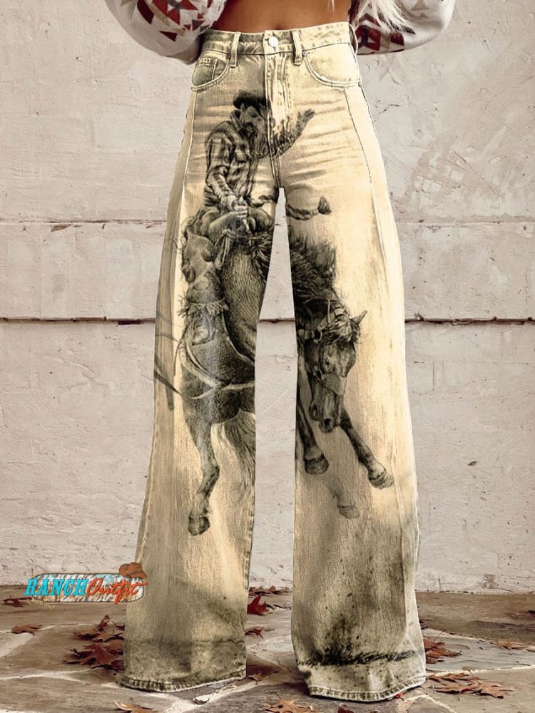 Women’s Vintage Wild Cowboy Art Print Casual Wide Leg Pants Multicolor / Xs