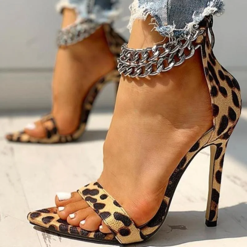 Vstacam New Women Office Pumps Metal Decoration Chain Open Toe Thin Heels Sandals Leopard Fashion Stylish Shoes Ytmtloy