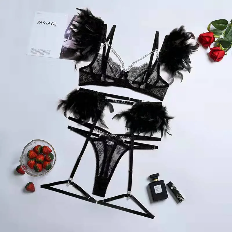 MIRABELLE Feathers Lingerie Set Woman 3 Pieces Delicate Underwear Sexy Transparent Lace Bra Set with Chain Luxury Erotic Sets