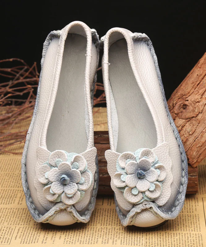 Vintage Floral Splicing Penny Loafers Light Grey Cowhide Leather