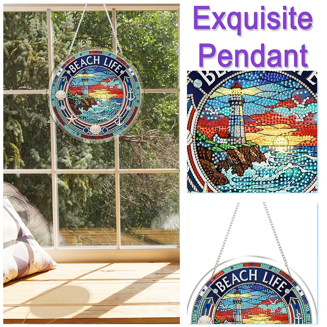 Beach Life DIY 2D Flat Acrylic 5D DIY Diamond Painting Dots Pendant with Crystal Special Shape Rhinestone Diamond Painting Pendant Kits Single-Sided Drill Hanging Diamond Art Set for Home Garden
