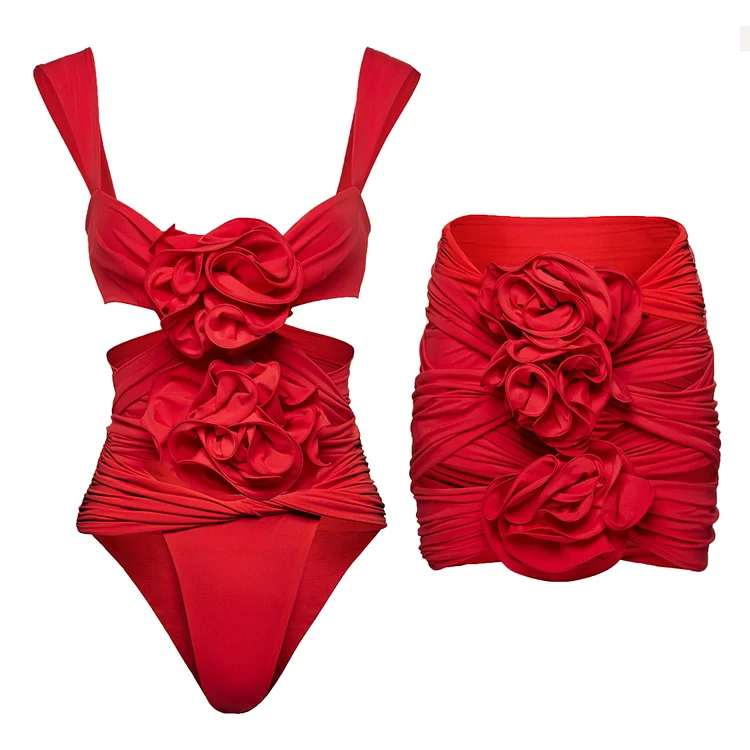 Flaxmaker Red 3D Flower Cutout One Piece Swimsuit and Skirt