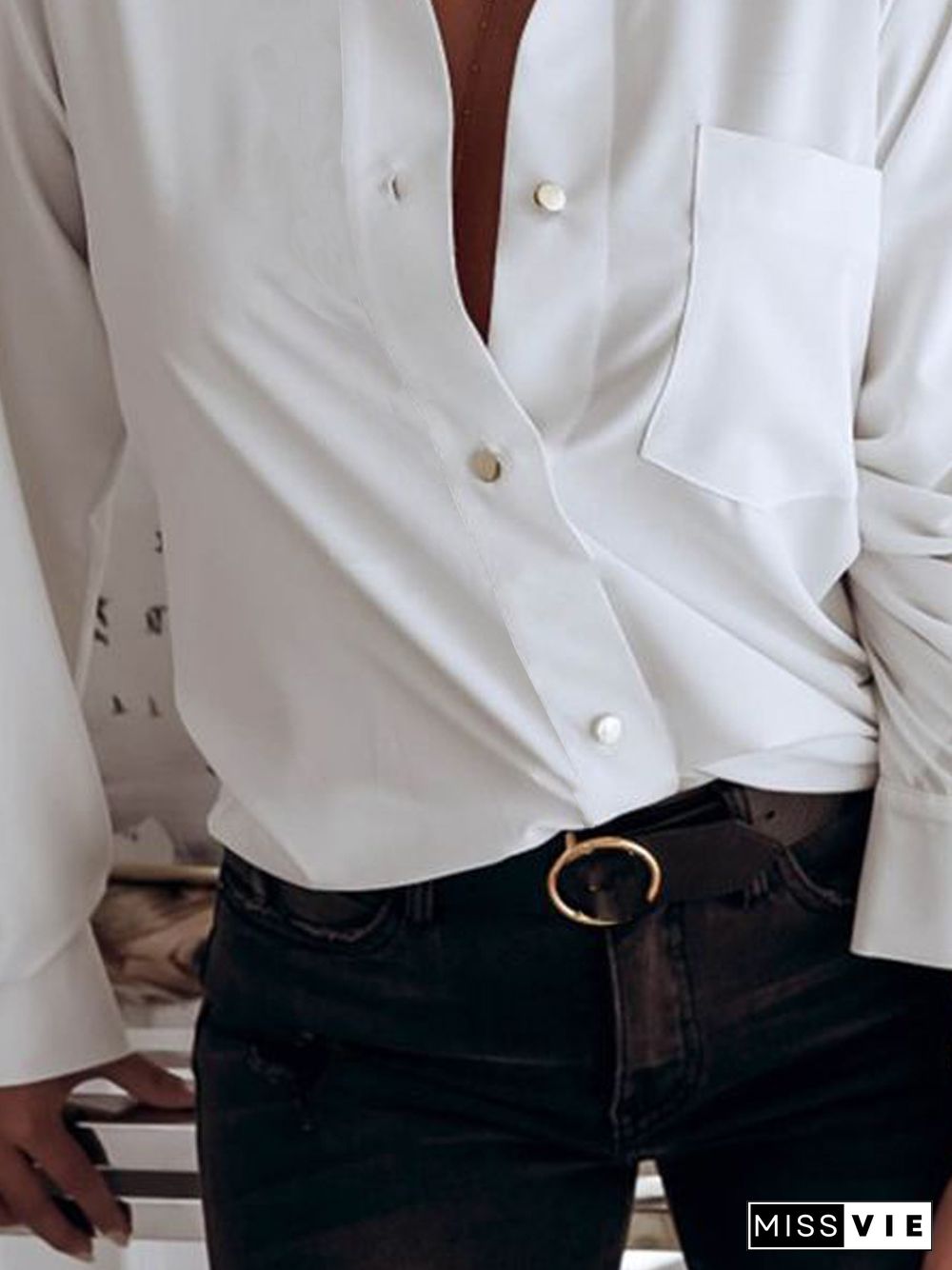 Casual Plain Autumn Polyester Standard Long sleeve H-Line Shirt Collar Regular Size Blouse for Women