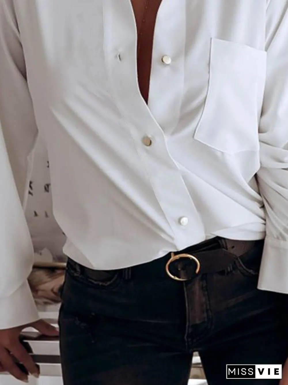 Casual Plain Autumn Polyester Standard Long sleeve H-Line Shirt Collar Regular Size Blouse for Women