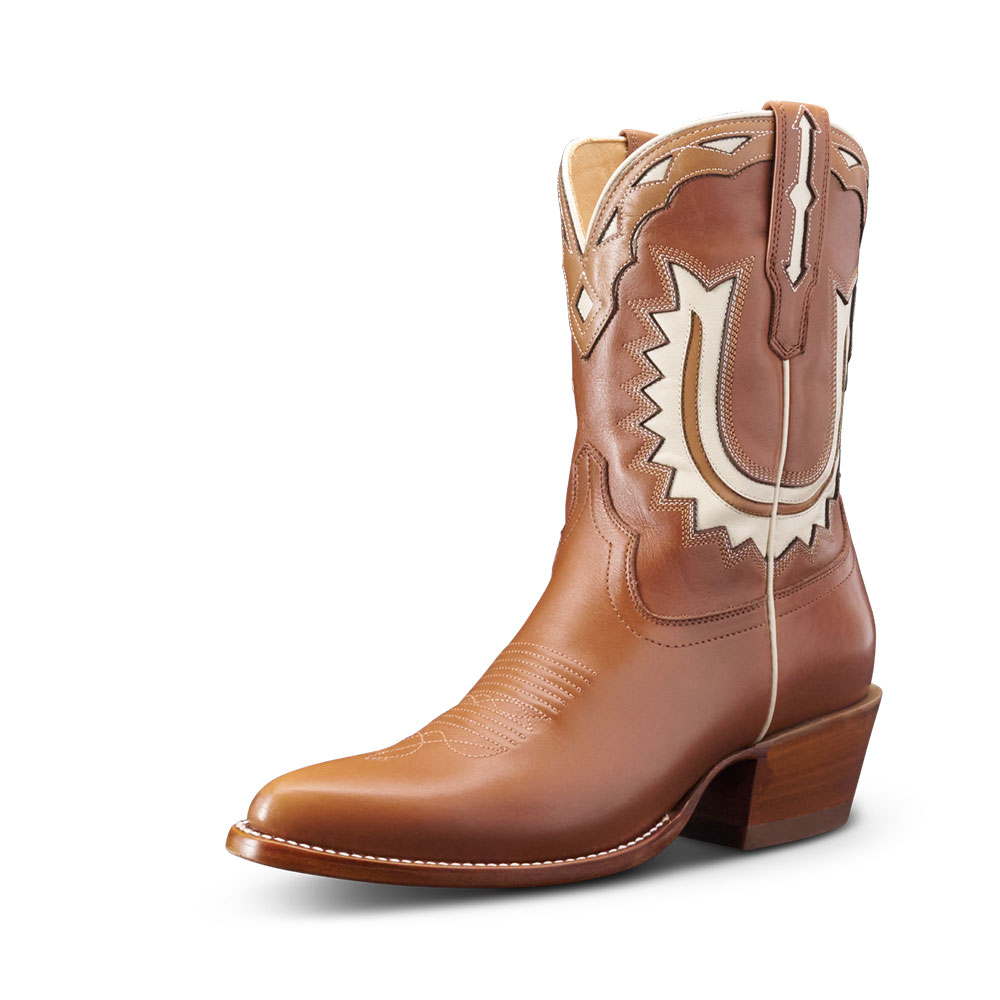 Brown & Ivory Decor Inlay Pointed Toe Chunky Heel Cowgirl Boots Nicepairs