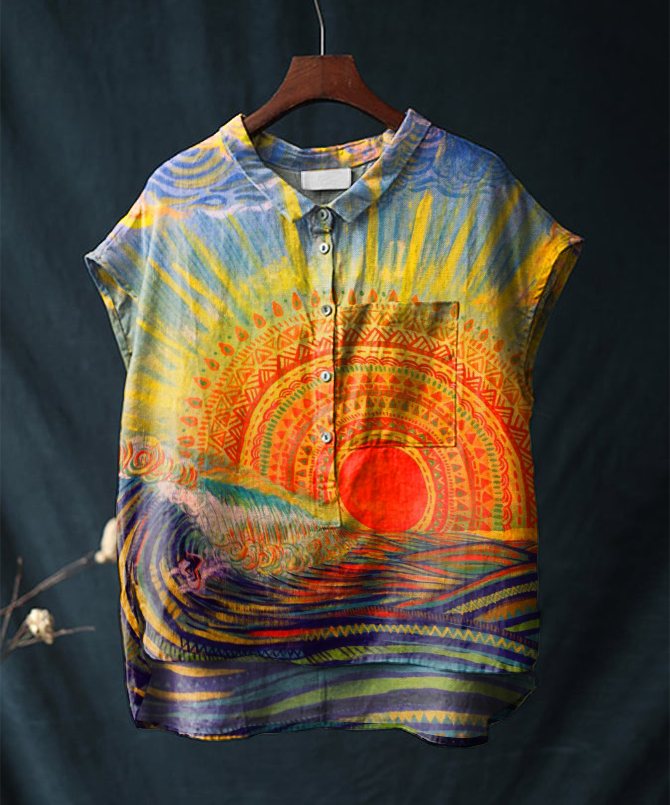 Vintage Art Print Hippie Linen Short Sleeve Shirt
