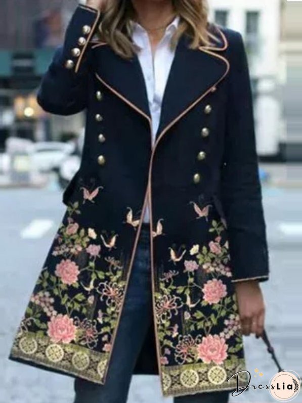 Women's Coats Vintage Print Lapel Button Long Sleeve Coat