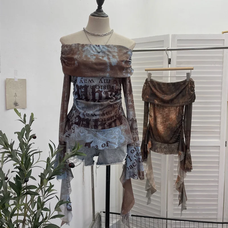 Uveng Real Shot Shoulder Strap Tie Dyed Net Shawl Shirt T-Shirt T-Shirt T-Shirt Design Folded Long-Sleeved T-Shirt 8003