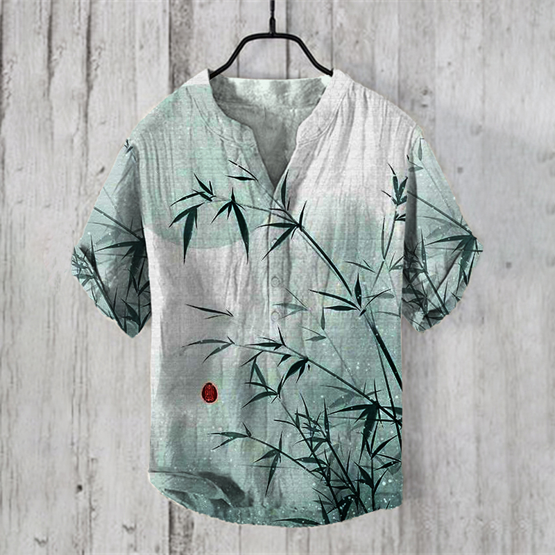 menweary Men's Vintage Japanese Art Bamboo Leaf V Neck Casual Linen Blend Shirt