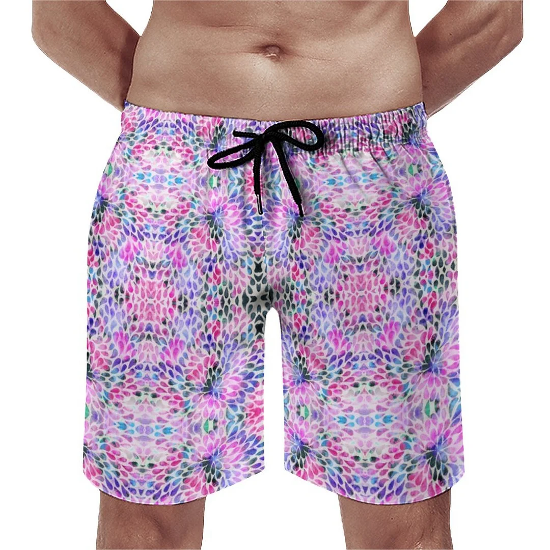 Artistic Pink Teal Black Water Drops Men's Swim Trunks Summer Board Shorts Quick Dry Beach Short with Pockets
