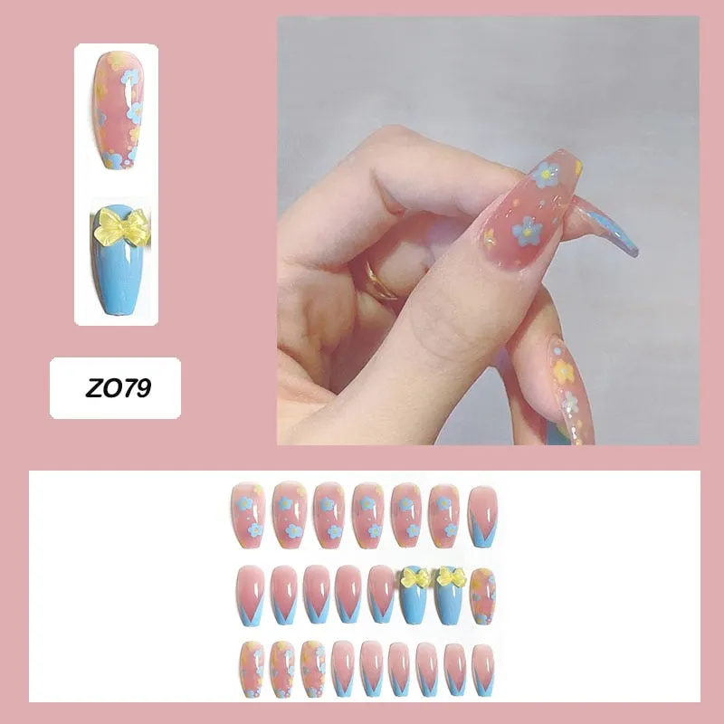 24pcs Butterfly decorated false nails Removable Long Paragraph Fashion Manicure press on nail tips full cover acrylic for girls-Nail Inspo
