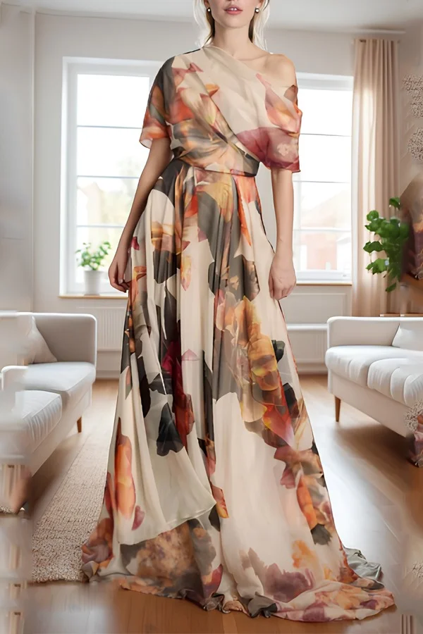 French Sky Blue Asymmetrical Print Chiffon Long Dresses Summer