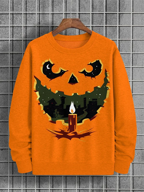 Men's Halloween Mysterious Pumpkin City Silhouette Graphic Print Casual Sweatshirt